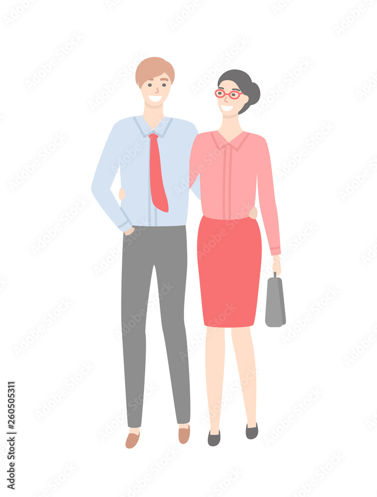 Business couple in strict cloth isolated. Vector male in shirt with tie and trousers and woman in red skirt and blouse, briefcase in hands. Married office workers Business couple in strict cloth isolated. Vector male in shirt with tie and trousers and woman in red skirt and blouse, briefcase in hands. Married office workers