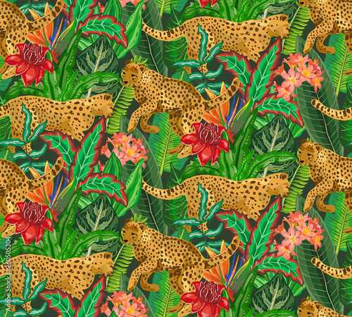 Vestor seamless pattern with jaguars, tropical leaves and flowers.