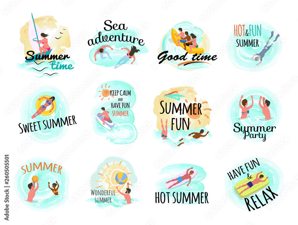 Sea adventures vector set of isolated people on vacation. Beach and seaside, swimming females, lifebuoy and man laying on inflatable mattress, volleyball