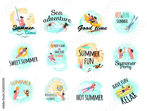 Sea adventures vector set of isolated people on vacation. Beach and seaside, swimming females, lifebuoy and man laying on inflatable mattress, volleyball