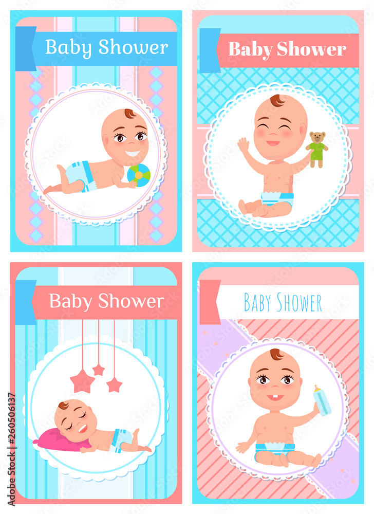 Baby shower postcard in striped, child lying or sitting in diaper holding bottle or toy, smiling kid portrait view, papercard with newborn character vector Baby shower postcard in striped, child lying or sitting in diaper holding bottle or toy, smiling kid portrait view, papercard with newborn character vector
