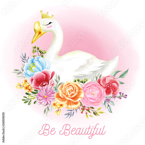 white swan illustrations with flowers of watercolor