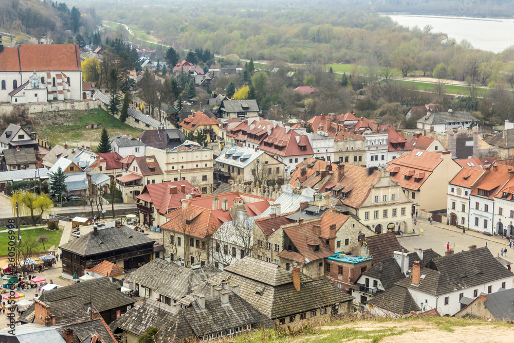 Panoramic view of the city from the hill. Tile roofs and market square. Kazimierz Dolny is a medieval city over the Vistula.