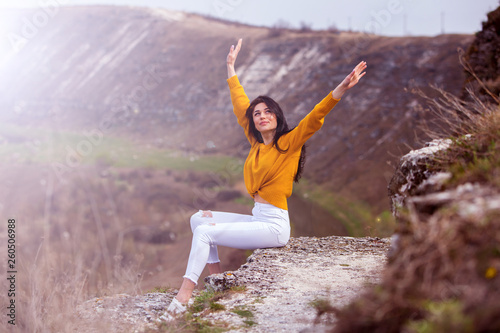 Travel Tourist Happy Woman. Travel and wanderlust concept Amazing atmospheric moment. happy woman traveling. Attractive woman relaxing ioutdoor 