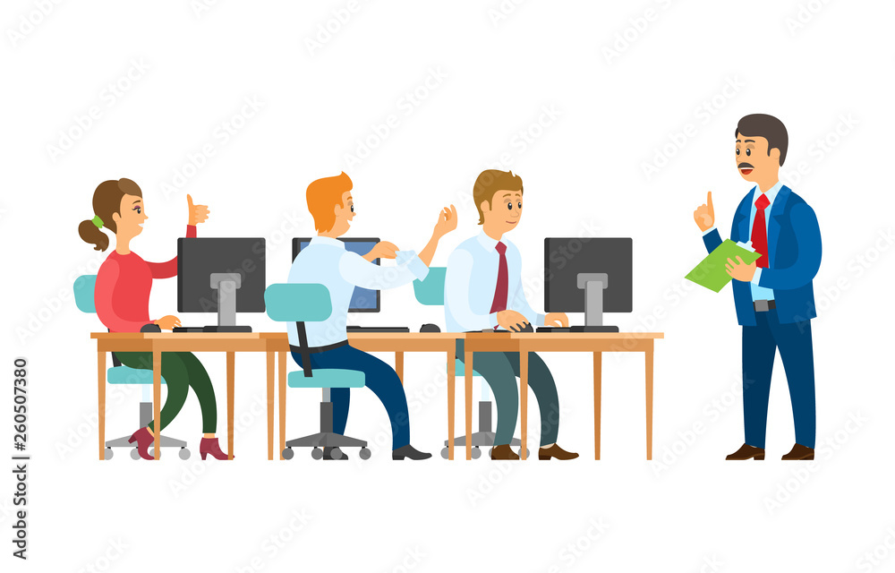 Teamwork, boss and employees, giving orders and working with computers vector. Man with notepad and clerks making annual report, isolated characters