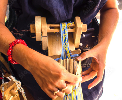 Weaving loom with inkle blu and yellow