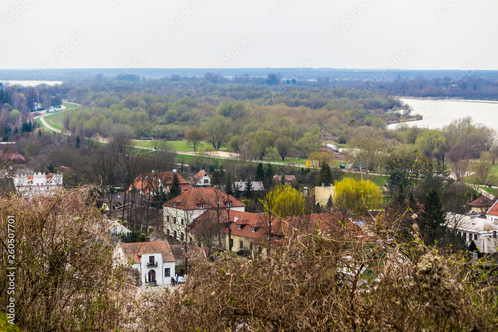Panoramic view from the top. Houses, hills and valley. Kazimierz Dolny is a medieval city over the Vistula.