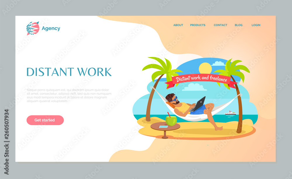 Freelance or distant work webpage, man in sunglasses lying on hammock with laptop, table with tropical cocktail and phone, freelancer on beach vector. Website template, landing page flat style