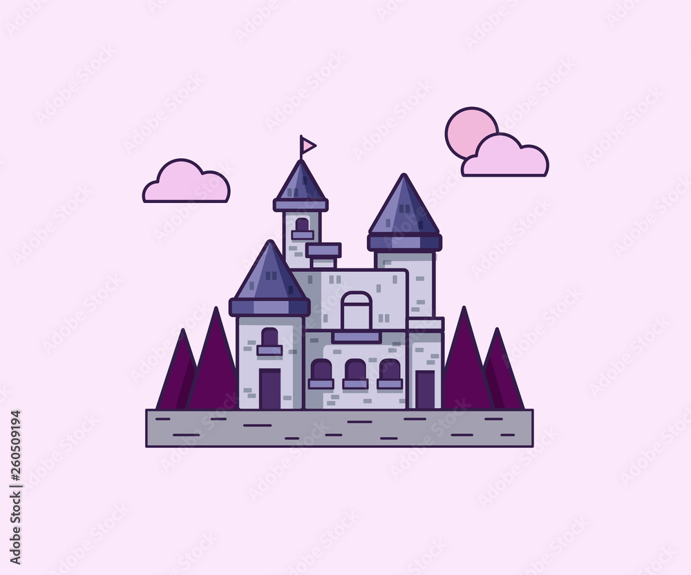 Vector illustration of a medieval castle at sunset