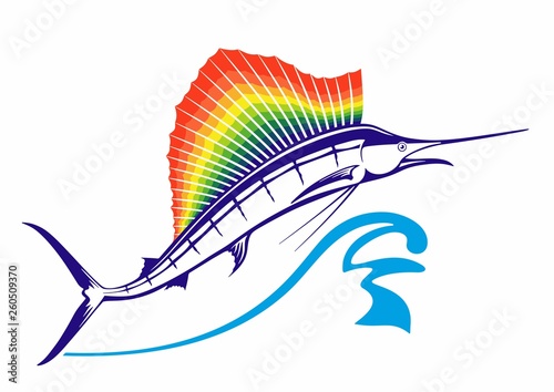 Big Marlin's jump. From the water jumps Marlin or swordfish with rainbow dorsal fin. Fin in rainbow colors.