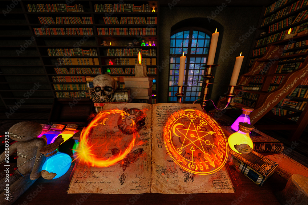 mystic room or alchemist`s study room with candles, books, bottles and