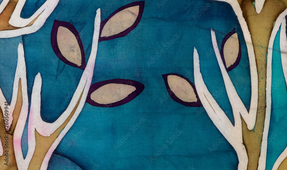 Fototapeta premium Golden tree branches with leaves, turquoise, hot batik, background texture, handmade on silk, abstract surrealism art