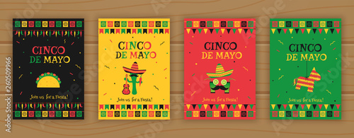 Set of cinco de mayo party poster template. Festive vector illustration with native pinata, taco and mariachi, cocktail face and garland flags for traditional Mexican celebration on cinco de mayo. photo