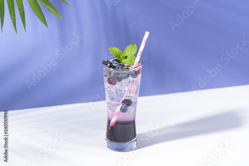 Cold and refreshing  blueberry punch cocktail with mint on purple background. summer drink