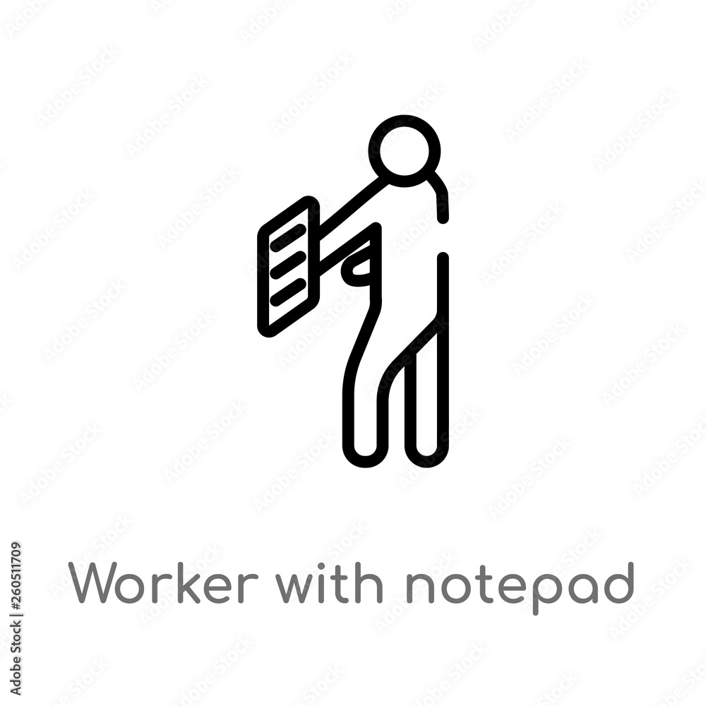 outline worker with notepad vector icon. isolated black simple line element illustration from humans concept. editable vector stroke worker with notepad icon on white background outline worker with notepad vector icon. isolated black simple line element illustration from humans concept. editable vector stroke worker with notepad icon on white background