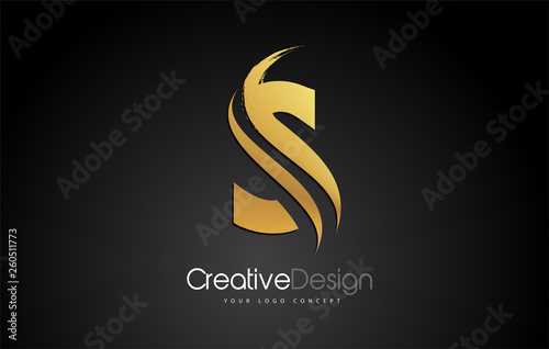 Gold Metal S Letter Design Brush Paint Stroke on Black Background