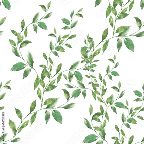 Watercolor illustration of leaf, seamless pattern on white background