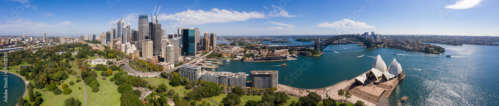 Aerial view from the Parade Ground gardens looking towards the CBD and the beautiful harbour in Sydney, Australia