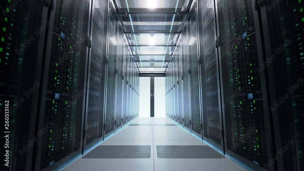 Camera moving along the narrow corridor in data center with server equipment on both sides, sliding doors opening in the end of passage. Seamlessly looped photorealistic 3D render animation.