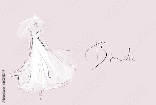 Young beautiful bride in white dress. Hand-drawn fashion illustration. Sketch, vector