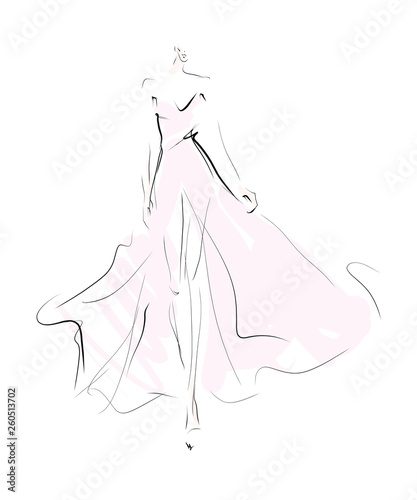 Woman, girl, model in dress. Fashion sketch, vector