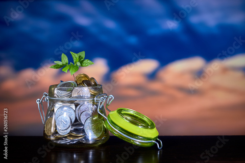 young sprout in the glass jar with coins. concept of saving and earning money