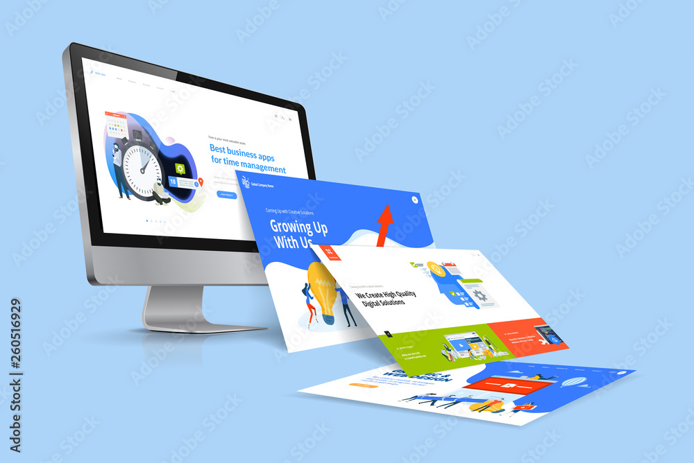 Web design template. Vector illustration concept of website design and development, app development, seo, business presentation, marketing.