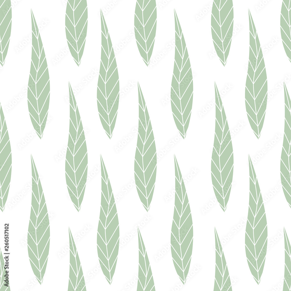 Romantic seamless Scandinavian pattern with green leaves. Pastel colours, white background, flat style vector illustration.