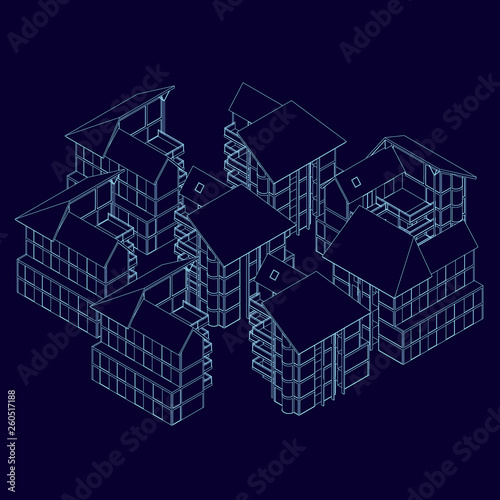 Wireframe of the houses standing nearby. Isometric view. District homes. 3D. Vector illustration