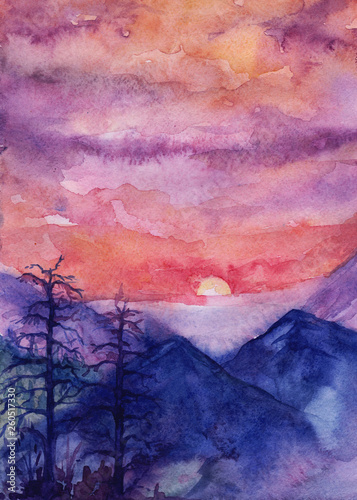 Sunset in the mountains, hand drawn watercolor illustration