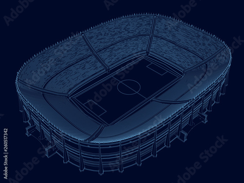 Wireframe of the stadium. Isometric view. Stadium of blue lines on a dark background. 3D. Vector illustration
