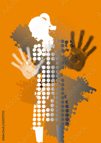 Young woman, fear of violence.  Grunge stylized woman silhuette with arms in defensive position.Illustration on orange background. Vector available.