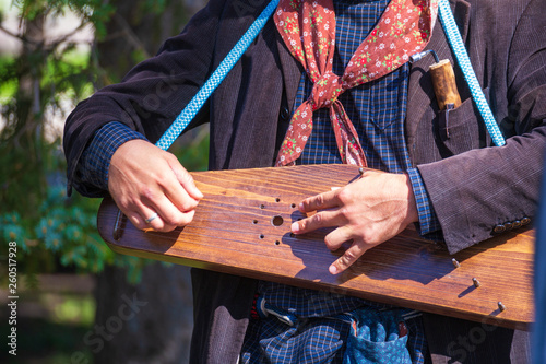 Men's hands play the harp. Gusli is a Russian folk musical instrument. photo