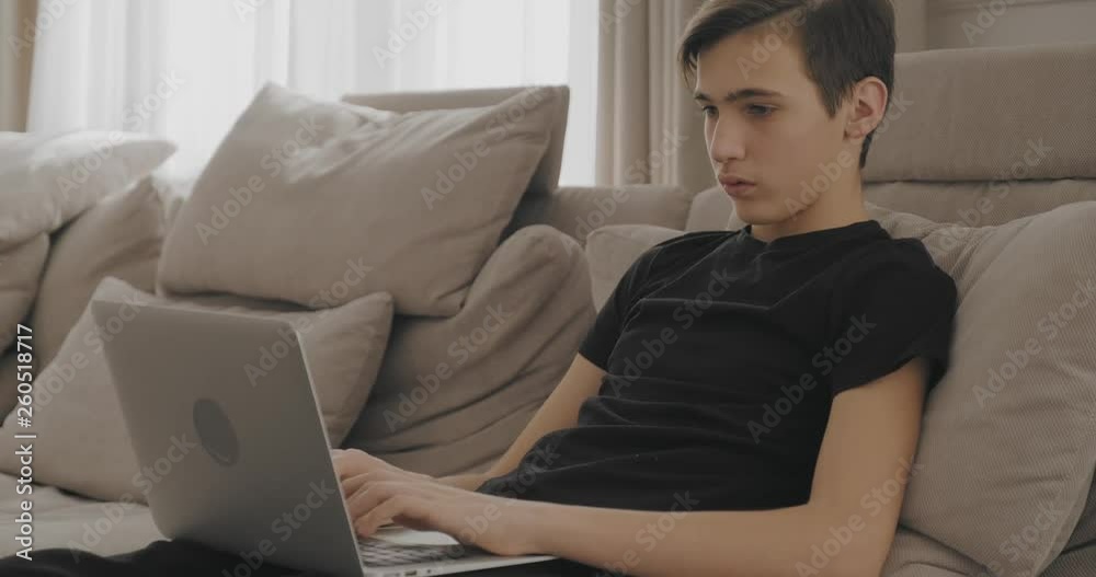 Young man sitting on sofa and using laptop. Teen boy sitting on sofa at home with laptop and prints a message on the computer. Young man sitting on sofa and using laptop. Teen boy sitting on sofa at home with laptop and prints a message on the computer.