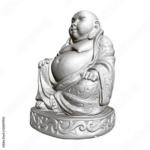 Polygonal statue of Maitreya. 3D. Side view.