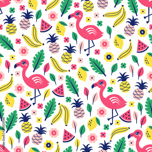Pink flamingo seamless pattern. Summer background with flamingo, banana, lemon, watermelon, pineapple, tropic leaves and flowers. Vector illustration.