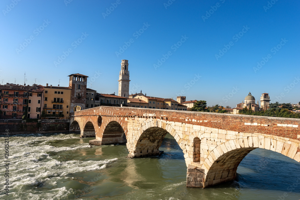 Ponte Pietra and Adige River in Verona Italy
