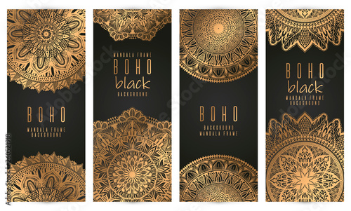 Vector vintage mandala card set,gold color. Oriental design Layout. Islam, Arabic, Indian, ottoman motifs. Front page and back page. Ethnic design.