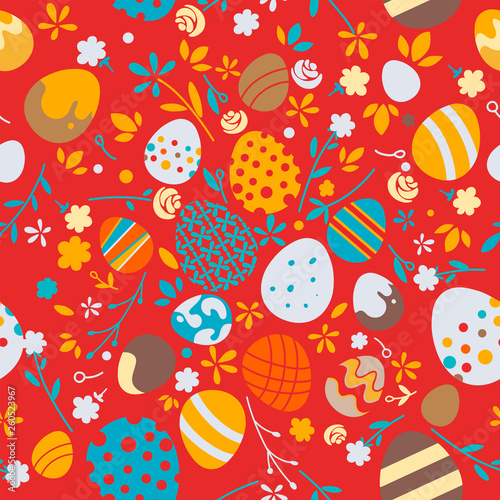 Easter ornament with eggs and flowers red pattern