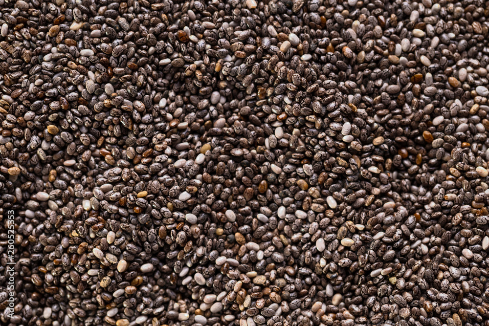 Chia seeds closeup. The texture of the seeds.