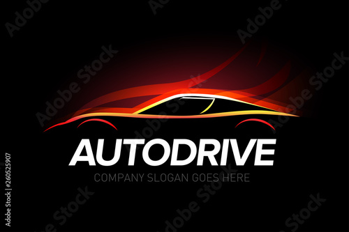 'Autodrive' car logotype with fire background- car service and repair, vector set. Car logo. Isolated auto theme logo. - Vector