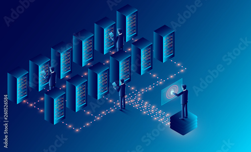 Datacenter server room cloud storage technology and big data processing Protecting data security concept. digital information. isometric. dark neon cartoon vector