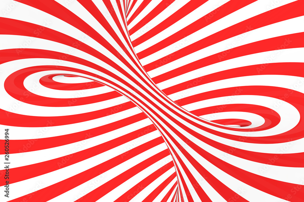 Swirl optical 3D illusion raster illustration. Contrast red and white spiral stripes. Geometric torus image with lines, loops. Swirl optical 3D illusion raster illustration. Contrast red and white spiral stripes. Geometric torus image with lines, loops.