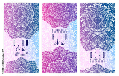 Vector vintage mandala card set. Oriental design Layout. Islam, Arabic, Indian, ottoman motifs. Front page and back page. Ethnic design.