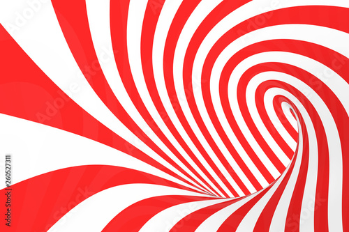 Swirl optical 3D illusion raster illustration. Contrast red and white spiral stripes. Geometric torus image with lines, loops.