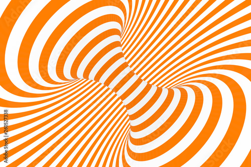 Torus 3D optical illusion raster illustration. Hypnotic white and orange tube image. Contrast twisting loops  stripes ornament.