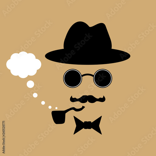Silhouette of a man in hat with mustache, glasses, pipe and bow-tie. Vector illustration.