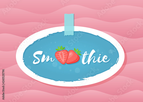 Red smoothie strawberry cocktail sticker vector illustration. Tasty fruit with hand drawn Smoothie sign in white frame. Fresh smoothies cocktail blue round sticker for decoration shop label design