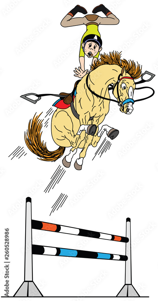 cartoon high jumping horse . Young rider training his pony to jump over  obstacle. Funny equestrian sport . Vector illustration Stock Vector | Adobe  Stock