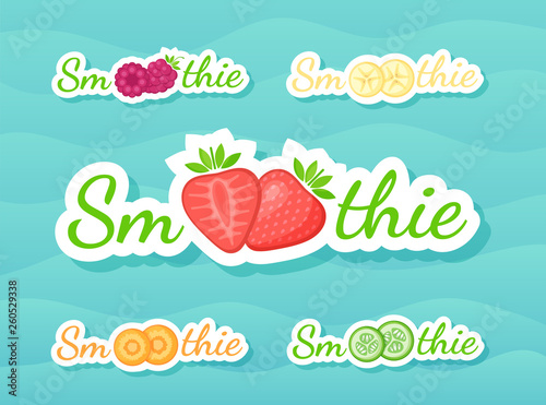 Green sticker fruit smoothie shake logo set vector illustration. Fresh vegetarian smoothies drink label with raw fruit and tag Smoothie for decoration shop sticker, promo discount or sale offer banner